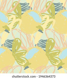Abstract seamless pattern with hand drawn scribbles. Bright colored doodles made by marker crayon paint. Rough ink blobs and splashes with floral garden motif. Artistic wallpaper wrapping design.
