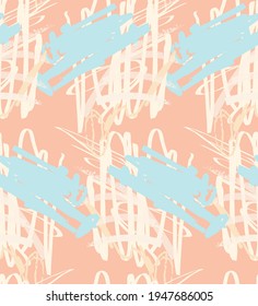 Abstract seamless pattern with hand drawn scribbles. Bright colored doodles made by marker crayon paint. Rough ink blobs and splashes with floral garden motif. Artistic wallpaper wrapping design.