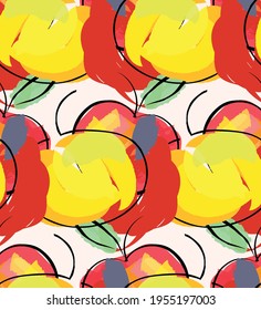 Abstract seamless pattern with hand drawn scribbles. Bright colored doodles made by marker crayon paint. Rough ink blobs and splashes with floral garden motif. Artistic wallpaper wrapping design.