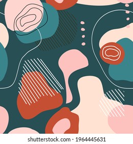 Abstract seamless pattern with hand drawn elements.Doodle background for card,stationery.Trendy colors.Mid century modern art.Stains,stripes and waves shapes.Cover template