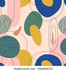 Abstract seamless pattern with hand drawn round elements.Doodle background for card,stationery.Trendy colors.Mid century modern art.Stains and stripes shapes.Cover template