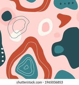 Abstract seamless pattern with hand drawn elements.Doodle background for card,stationery.Trendy colors.Mid century modern art.Stains,stripes and waves shapes.Cover template