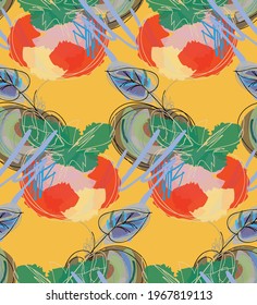 Abstract seamless pattern with hand drawn scribbles. Bright colored doodles made by marker crayon paint. Rough ink blobs and splashes with floral garden motif. Artistic wallpaper wrapping design.
