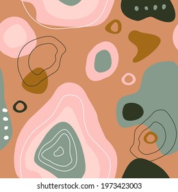 Abstract seamless pattern with hand drawn elements.Doodle background for card,stationery.Trendy colors.Mid century modern art.Stains,stripes and waves shapes.Cover template