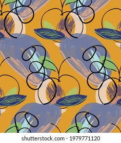 Resumen de un patrón impecable con garabatos dibujados a mano. Doodles de colores vivos hechos con pintura de crayón. Tintas rojas y salpicaduras con motivos florales en el jardín. Diseño artístico de envoltura de papel pintado.