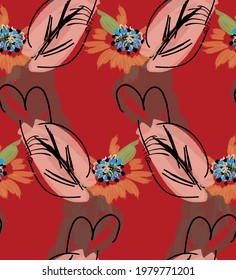 Abstract seamless pattern with hand drawn scribbles. Bright colored doodles made by marker crayon paint. Rough ink blobs and splashes with floral garden motif. Artistic wallpaper wrapping design.