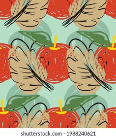 Resumen de un patrón impecable con garabatos dibujados a mano. Doodles de colores vivos hechos con pintura de crayón. Tintas rojas y salpicaduras con motivos florales en el jardín. Diseño artístico de envoltura de papel pintado.
