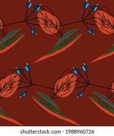 Abstraktes nahtloses Muster mit handgezeichneten Schriftzeichen. Helle, farbige Doodles, die durch Marker-Schmiedefarbe hergestellt werden. Rohe Tintenklötze und Spritzen mit floralem Gartenmotiv. Künstliches Tapete-Verpackungsdesign.