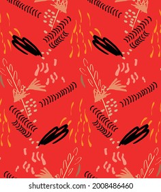 Abstract seamless pattern with hand drawn scribbles. Bright colored doodles made by marker crayon paint. Rough ink blobs and splashes with floral garden motif. Artistic wallpaper wrapping design.