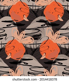 Abstract seamless pattern with hand drawn scribbles. Bright colored doodles made by marker crayon paint. Rough ink blobs and splashes with floral garden motif. Artistic wallpaper wrapping design.