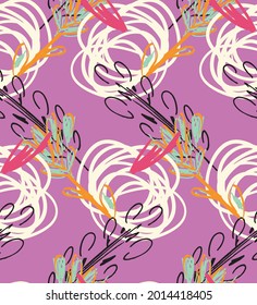 Abstract seamless pattern with hand drawn scribbles. Bright colored doodles made by marker crayon paint. Rough ink blobs and splashes with floral garden motif. Artistic wallpaper wrapping design.