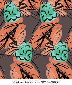 Resumen de un patrón impecable con garabatos dibujados a mano. Doodles de colores vivos hechos con pintura de crayón. Tintas rojas y salpicaduras con motivos florales en el jardín. Diseño artístico de envoltura de papel pintado.