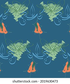 Abstract seamless pattern with hand drawn scribbles. Bright colored doodles made by marker crayon paint. Rough ink blobs and splashes with floral garden motif. Artistic wallpaper wrapping design.