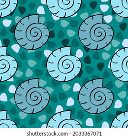 Abstract seamless pattern. Hand drawn illustration of snail shells. Doodle style. Green background. For fabric,cloth,prints,textile,decorations,design and fashion decor. Vector illustration.