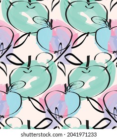 Abstract seamless pattern with hand drawn scribbles. Bright colored doodles made by marker crayon paint. Rough ink blobs and splashes with floral garden motif. Artistic wallpaper wrapping design.