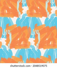 Abstract seamless pattern with hand drawn scribbles. Bright colored doodles made by marker crayon paint. Rough ink blobs and splashes with floral garden motif. Artistic wallpaper wrapping design.