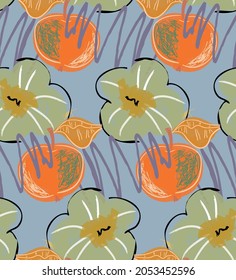 Abstract seamless pattern with hand drawn scribbles. Bright colored doodles made by marker crayon paint. Rough ink blobs and splashes with floral garden motif. Artistic wallpaper wrapping design.