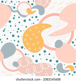Abstract seamless pattern. Hand drawn doodle various shapes, lines, spots, drops, circle. Contemporary modern trendy