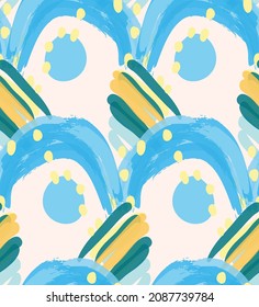 Abstract seamless pattern with hand drawn scribbles. Bright colored doodles made by marker crayon paint. Rough ink blobs and splashes with floral garden motif. Artistic wallpaper wrapping design.