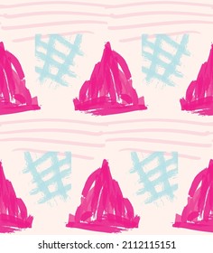 Abstract seamless pattern with hand drawn scribbles. Bright colored doodles made by marker crayon paint. Rough ink blobs and splashes with floral garden motif. Artistic wallpaper wrapping design.