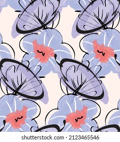 Abstract seamless pattern with hand drawn scribbles. Bright colored doodles made by marker crayon paint. Rough ink blobs and splashes with floral garden motif. Artistic wallpaper wrapping design.