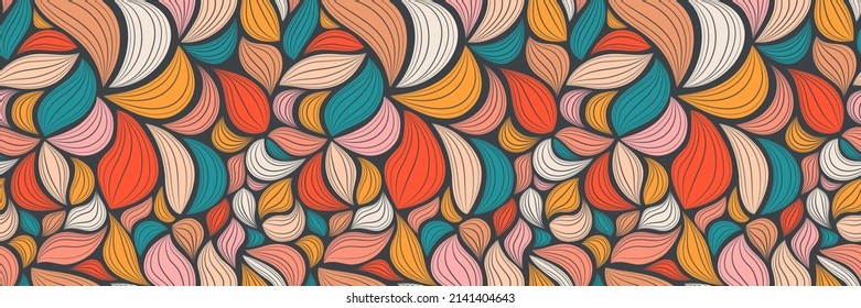 Abstract seamless pattern with hand drawn graphic leaves. Colorful floral summer background for wallpaper design. Tropical vector illustration design. Banner with decorative geometric waves