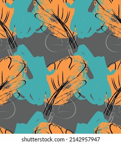 Abstract seamless pattern with hand drawn scribbles. Bright colored doodles made by marker crayon paint. Rough ink blobs and splashes with floral garden motif. Artistic wallpaper wrapping design.