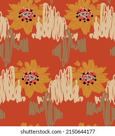 Abstract seamless pattern with hand drawn scribbles. Bright colored doodles made by marker crayon paint. Rough ink blobs and splashes with floral garden motif. Artistic wallpaper wrapping design.