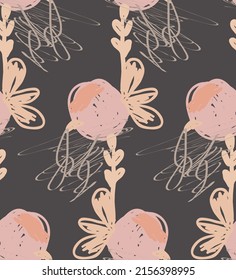 Abstract seamless pattern with hand drawn scribbles. Bright colored doodles made by marker crayon paint. Rough ink blobs and splashes with floral garden motif. Artistic wallpaper wrapping design.