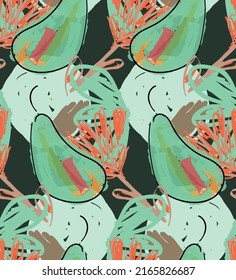 Resumen de un patrón impecable con garabatos dibujados a mano. Doodles de colores vivos hechos con pintura de crayón. Tintas rojas y salpicaduras con motivos florales en el jardín. Diseño artístico de envoltura de papel pintado.