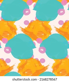 Abstract seamless pattern with hand drawn scribbles. Bright colored doodles made by marker crayon paint. Rough ink blobs and splashes with floral garden motif. Artistic wallpaper wrapping design.