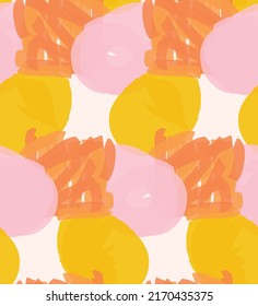 Abstract seamless pattern with hand drawn scribbles. Bright colored doodles made by marker crayon paint. Rough ink blobs and splashes with floral garden motif. Artistic wallpaper wrapping design.