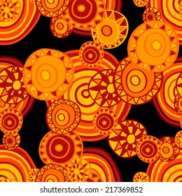 Abstract seamless pattern with hand drawn circles. Clipping mask is used, vector illustration. Black background.