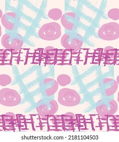 Abstract seamless pattern with hand drawn scribbles. Bright colored doodles made by marker crayon paint. Rough ink blobs and splashes with floral garden motif. Artistic wallpaper wrapping design.