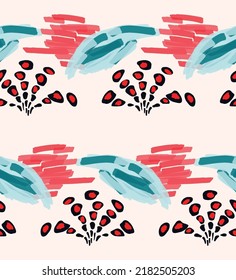 Resumen de un patrón impecable con garabatos dibujados a mano. Doodles de colores vivos hechos con pintura de crayón. Tintas rojas y salpicaduras con motivos florales en el jardín. Diseño artístico de envoltura de papel pintado.