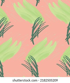 Abstract seamless pattern with hand drawn scribbles. Bright colored doodles made by marker crayon paint. Rough ink blobs and splashes with floral garden motif. Artistic wallpaper wrapping design.