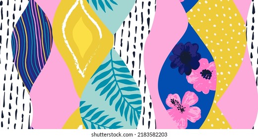 Abstract seamless pattern with hand drawn details, tropical leaves and flowers.Modern background for the design of textiles, covers, wallpapers, fabric, promotional material and more. Vector illustrat