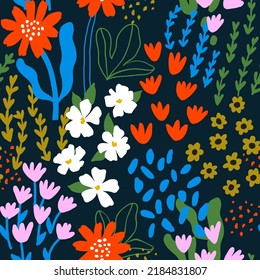 Abstract seamless pattern with  hand drawn meadow flowers. Fashion stylish natural background. 
