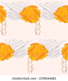 Abstract seamless pattern with hand drawn scribbles. Bright colored doodles made by marker crayon paint. Rough ink blobs and splashes with floral garden motif. Artistic wallpaper wrapping design.