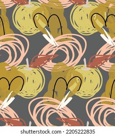Abstract seamless pattern with hand drawn scribbles. Bright colored doodles made by marker crayon paint. Rough ink blobs and splashes with floral garden motif. Artistic wallpaper wrapping design.