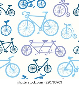 Abstract seamless pattern with hand drawn bicycles. Multicolored bikes ornament