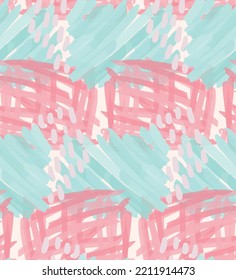 Resumen de un patrón impecable con garabatos dibujados a mano. Doodles de colores vivos hechos con pintura de crayón. Tintas rojas y salpicaduras con motivos florales en el jardín. Diseño artístico de envoltura de papel pintado.