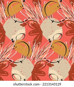 Abstract seamless pattern with hand drawn scribbles. Bright colored doodles made by marker crayon paint. Rough ink blobs and splashes with floral garden motif. Artistic wallpaper wrapping design.