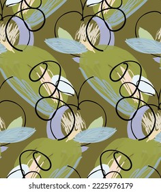 Abstract seamless pattern with hand drawn scribbles. Bright colored doodles made by marker crayon paint. Rough ink blobs and splashes with floral garden motif. Artistic wallpaper wrapping design.