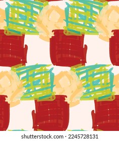 Abstract seamless pattern with hand drawn scribbles. Bright colored doodles made by marker crayon paint. Rough ink blobs and splashes with floral garden motif. Artistic wallpaper wrapping design.