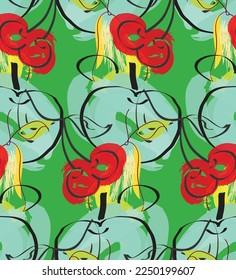Abstract seamless pattern with hand drawn scribbles. Bright colored doodles made by marker crayon paint. Rough ink blobs and splashes with floral garden motif. Artistic wallpaper wrapping design.