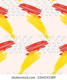 Abstract seamless pattern with hand drawn scribbles. Bright colored doodles made by marker crayon paint. Rough ink blobs and splashes with floral garden motif. Artistic wallpaper wrapping design.