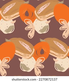 Abstract seamless pattern with hand drawn scribbles. Bright colored doodles made by marker crayon paint. Rough ink blobs and splashes with floral garden motif. Artistic wallpaper wrapping design.