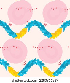 Abstract seamless pattern with hand drawn scribbles. Bright colored doodles made by marker crayon paint. Rough ink blobs and splashes with floral garden motif. Artistic wallpaper wrapping design.