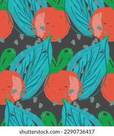 Abstract seamless pattern with hand drawn scribbles. Bright colored doodles made by marker crayon paint. Rough ink blobs and splashes with floral garden motif. Artistic wallpaper wrapping design.